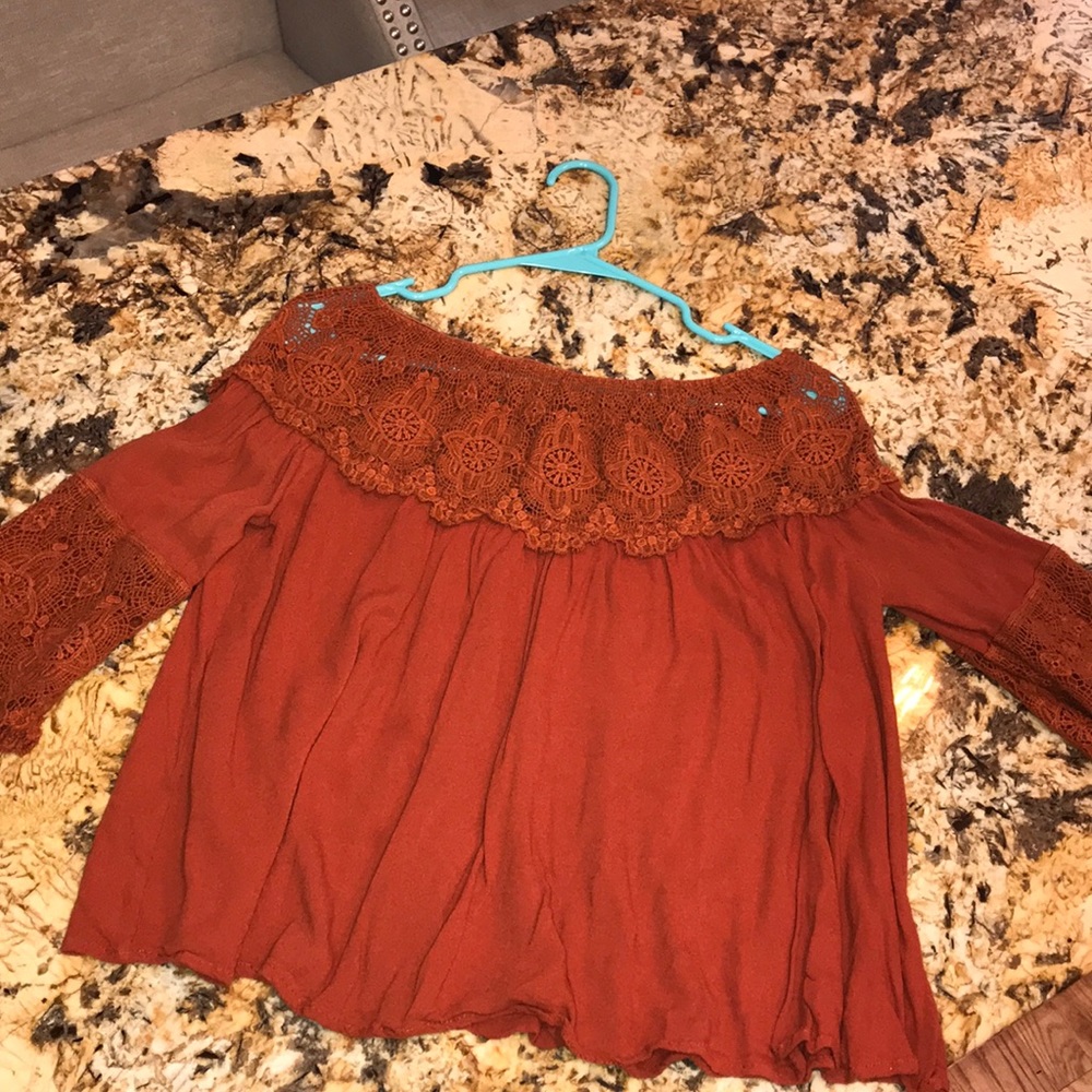 Off the shoulder burnt orange blouse